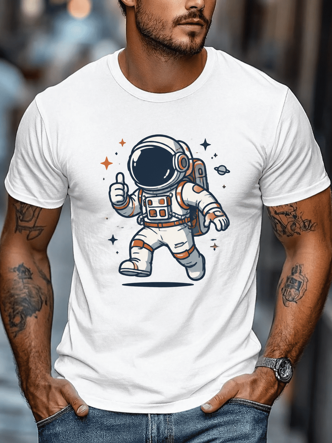Men's Astronaut Graphic T-Shirt, Funny Space Explorer Print Crew Neck Short Sleeve Casual Tee