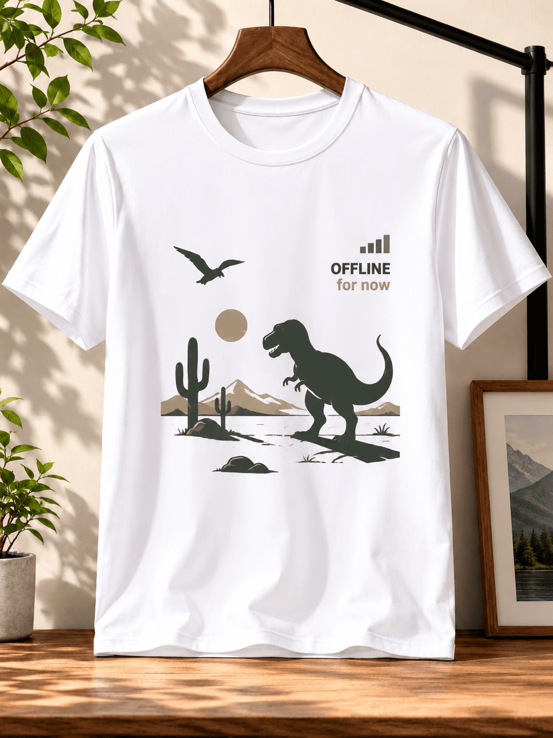Men’s Black Graphic T-Shirt – Dinosaur Desert Scene “OFFLINE for now” Casual Tee