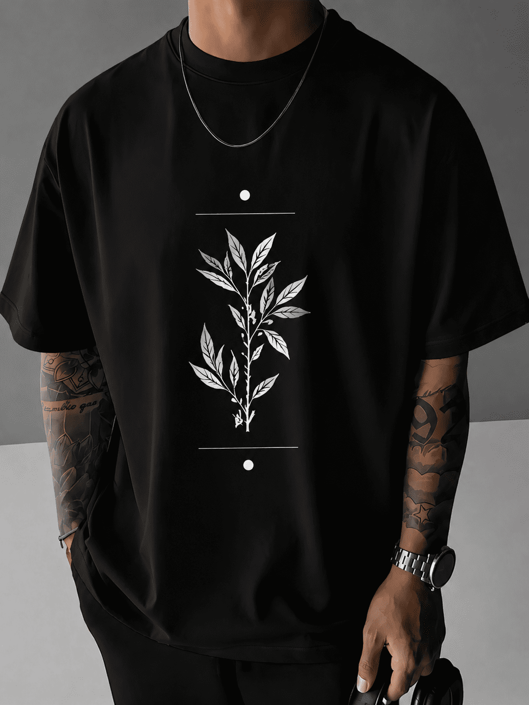 Men’s Black Minimalist Botanical Graphic T-Shirt – Streetwear Casual Floral Line Art Tee