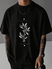 Men’s Black Minimalist Botanical Graphic T-Shirt – Streetwear Casual Floral Line Art Tee
