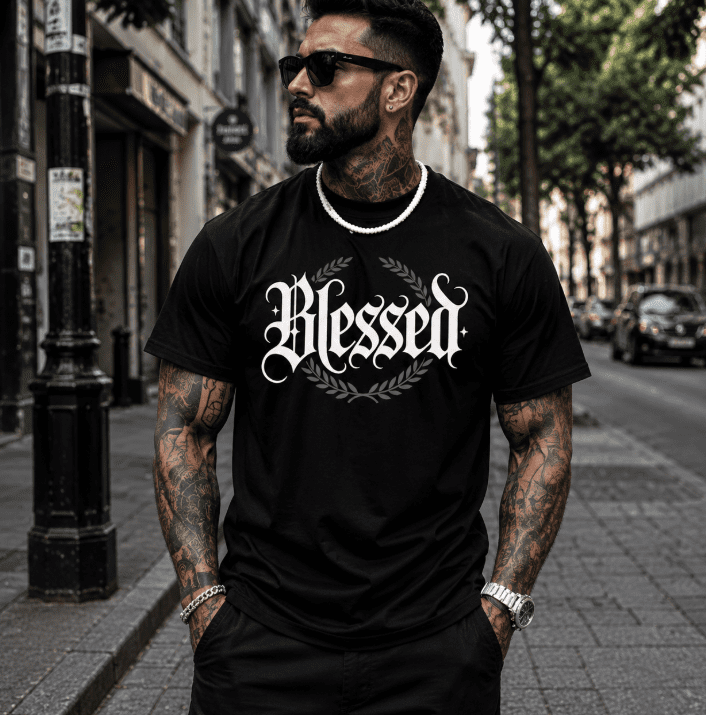 Men's Blessed Graphic T-Shirt, Gothic Letter Print Short Sleeve Tee with Laurel Wreath Design, Vintage Streetwear Casual Crew Neck Shirt
