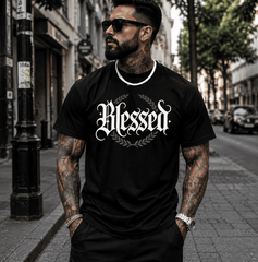 Men's Blessed Graphic T-Shirt, Gothic Letter Print Short Sleeve Tee with Laurel Wreath Design, Vintage Streetwear Casual Crew Neck Shirt