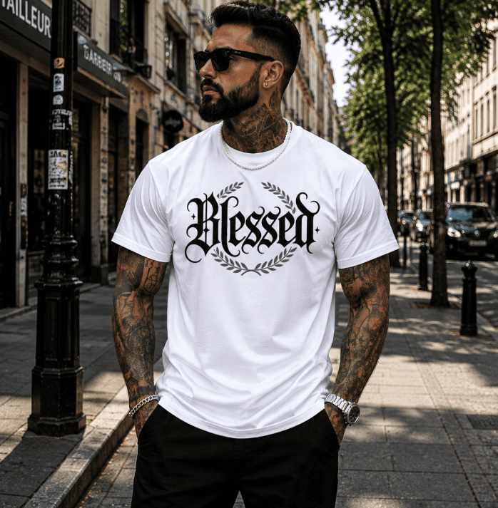 Men's Blessed Graphic T-Shirt, Gothic Letter Print Short Sleeve Tee with Laurel Wreath Design, Vintage Streetwear Casual Crew Neck Shirt