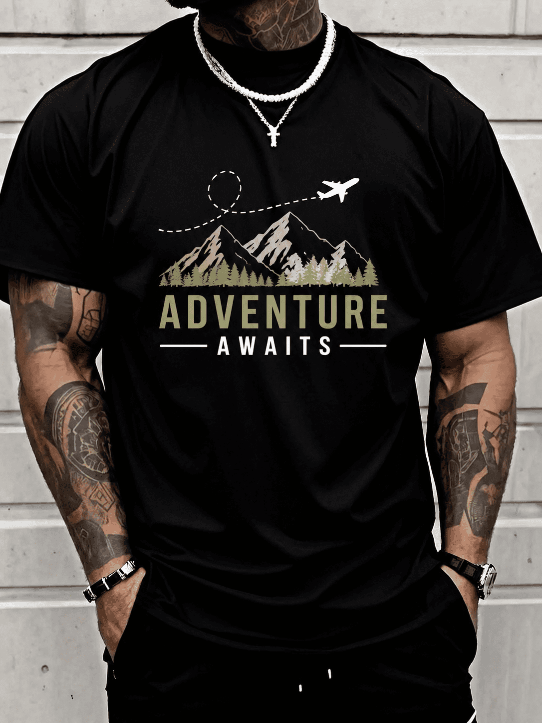 Men's Casual Graphic T-Shirt Adventure Awaits Print, Soft Crew Neck Short Sleeve Outdoor Travel Tee for Hiking, Vacation and Everyday Comfort