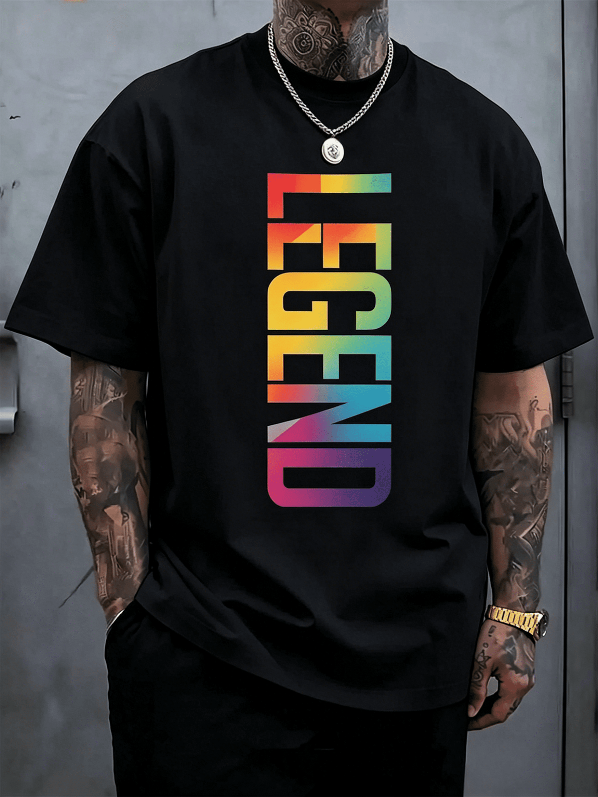 Men's Casual LEGEND Print Crew Neck Short Sleeve T-Shirt - Black With Blue Lettering, Lightweight Polyester Blend