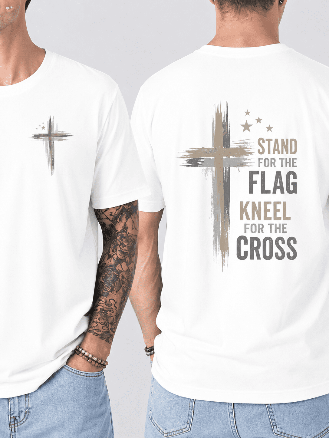 Men's Christian Cross Graphic T-Shirt, Faith & Patriotic Vintage Back Print Tee, Inspirational Short Sleeve Crew Neck Cotton Blend Casual Shirt, Gift for Men
