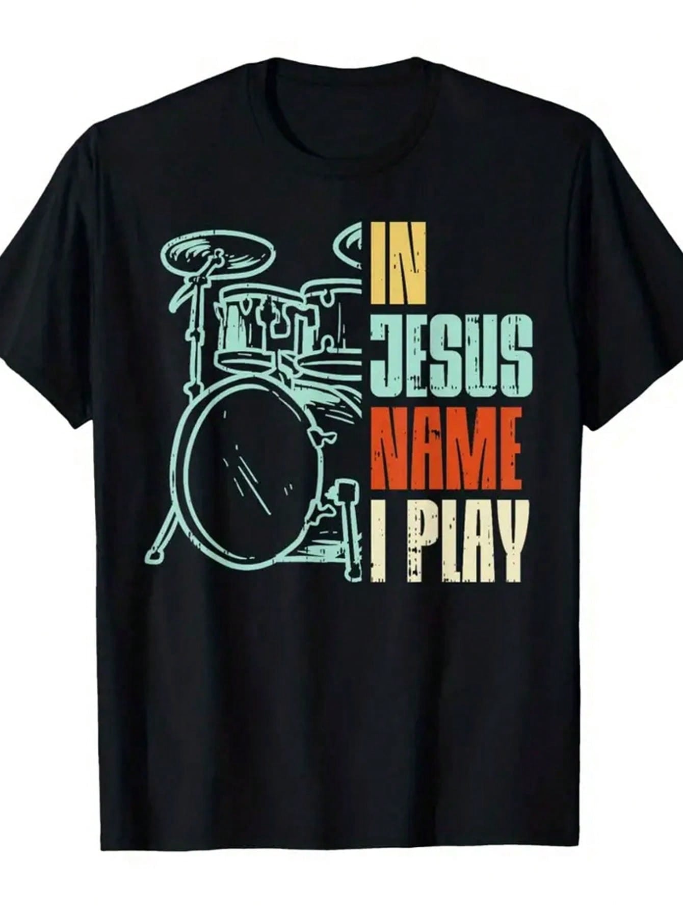 Men's Christian Drummer Graphic T-Shirt, In Jesus Name I Play Faith Music Tee, Cotton Crew Neck Short Sleeve Shirt, Worship Band Praise Team Gift, Casual Summer Top