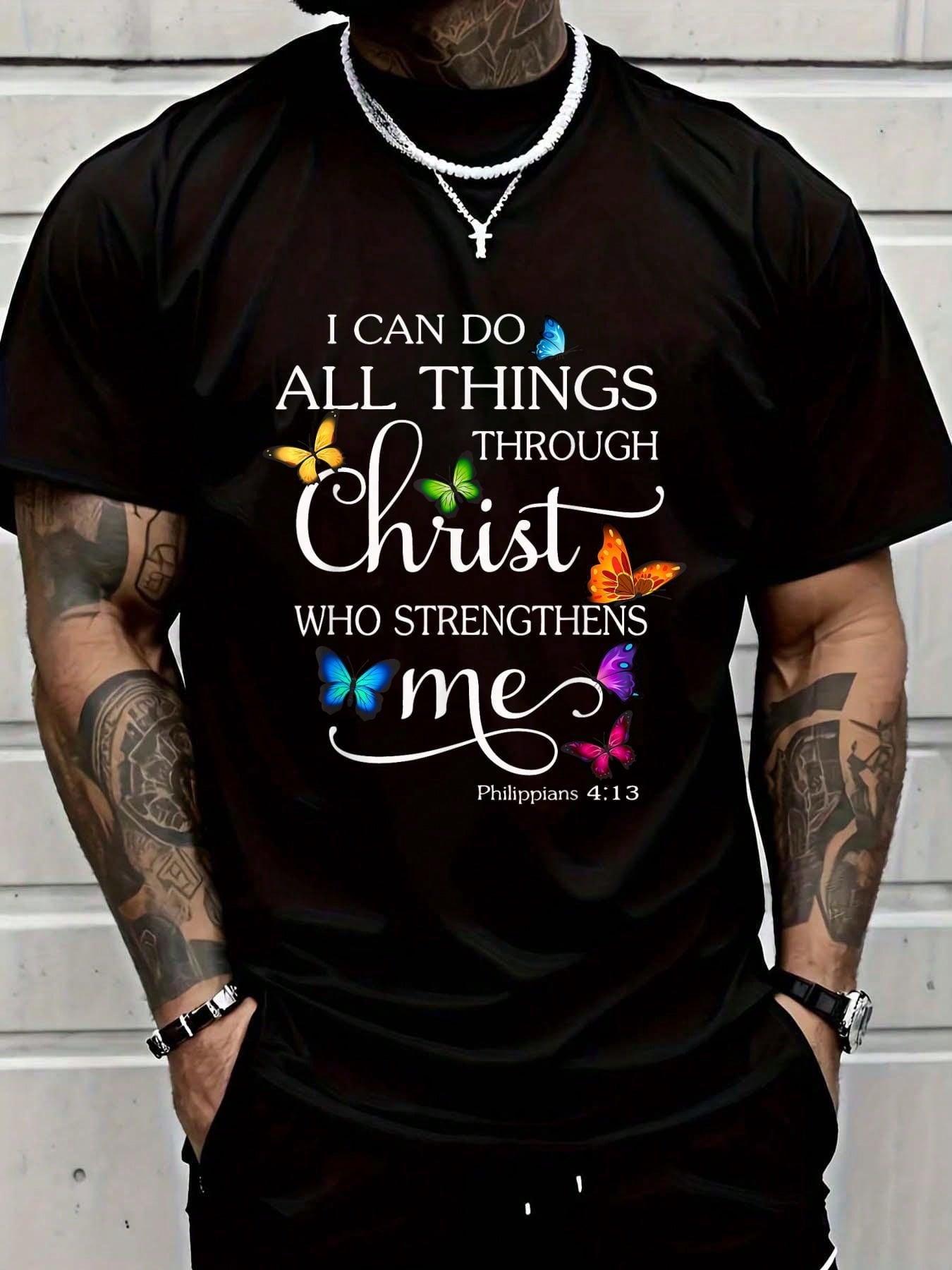 Men's Christian Faith Graphic T-Shirt, Philippians 4:13 Bible Verse Inspirational Tee, I Can Do All Things Through Christ Religious Short Sleeve Crew Neck Cotton Shirt, Church Gift