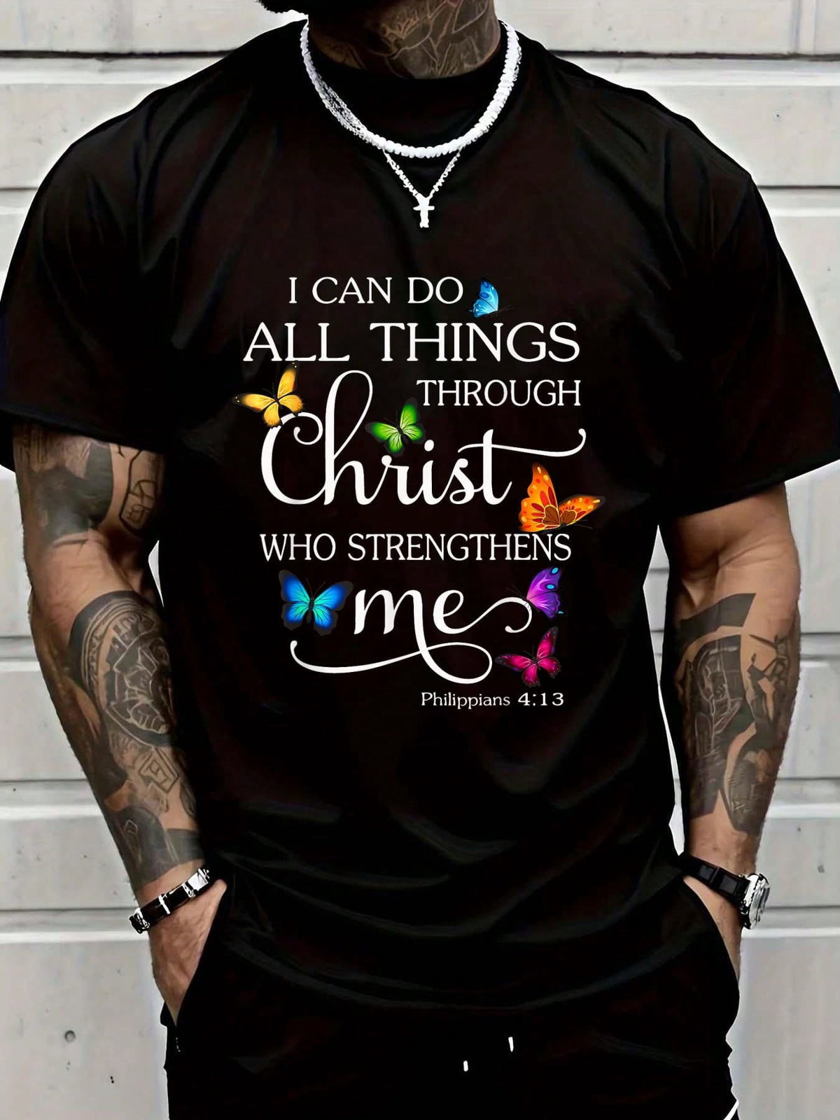 Men's Christian Faith Graphic T-Shirt, Philippians 4:13 Bible Verse Inspirational Tee, I Can Do All Things Through Christ Religious Short Sleeve Crew Neck Cotton Shirt, Church Gift