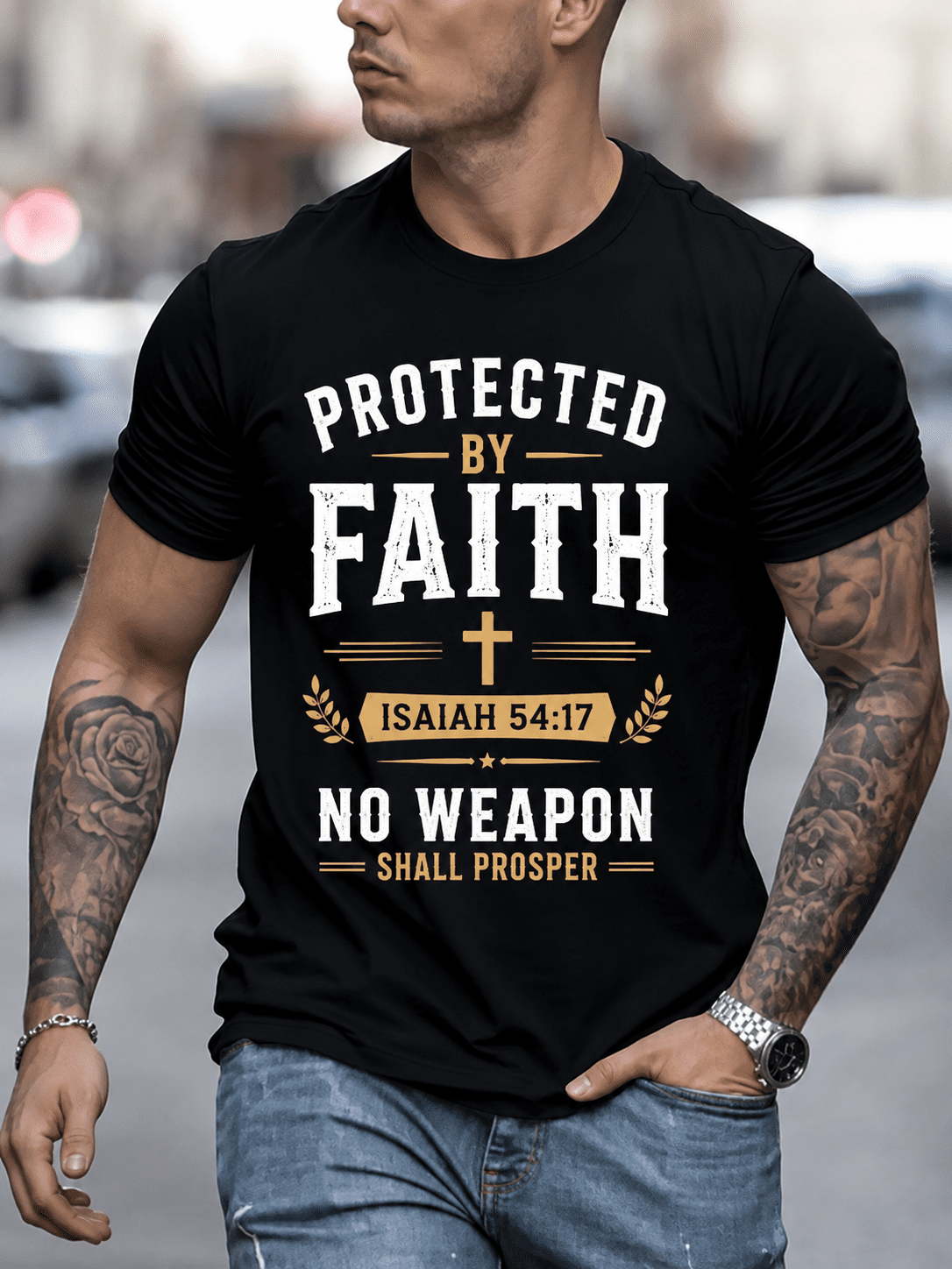 Men's Christian Faith Graphic T-Shirt Protected By Faith Isaiah 54:17 No Weapon Shall Prosper Religious Tee