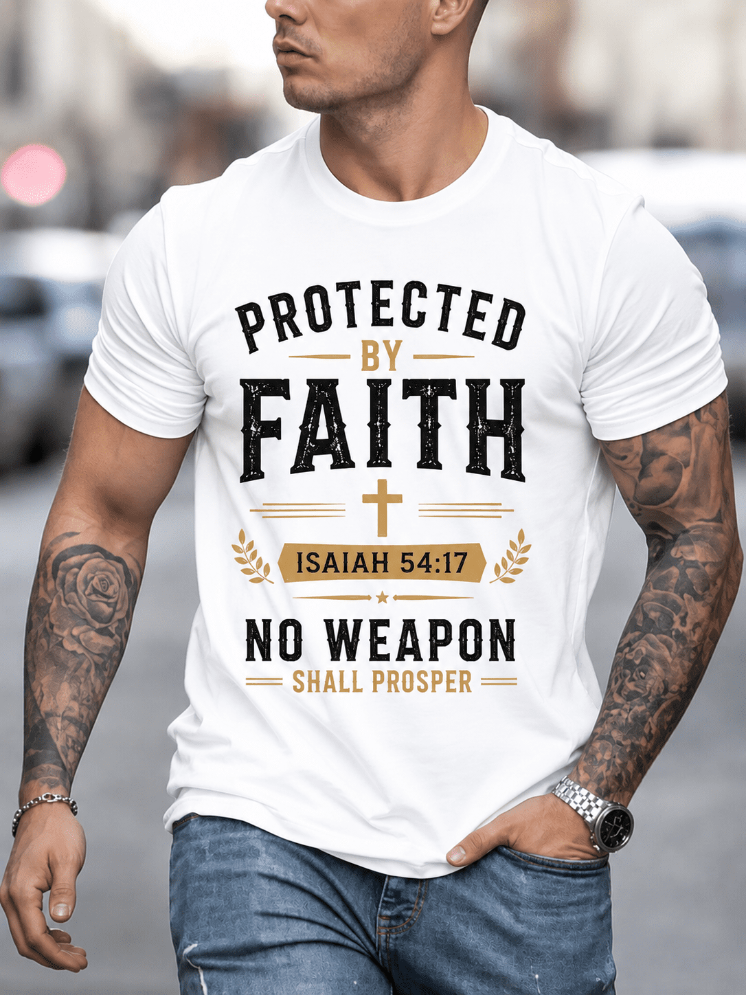 Men's Christian Faith Graphic T-Shirt Protected By Faith Isaiah 54:17 No Weapon Shall Prosper Religious Tee