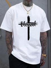 Men's Christian Faith T-Shirt with Blessed Lettering & Cross Print - 100% COTTON  Heavyweight Short Sleeve Round Neck Casual Church Wear,  Everyday Comfortable Summer Apparel for Men,