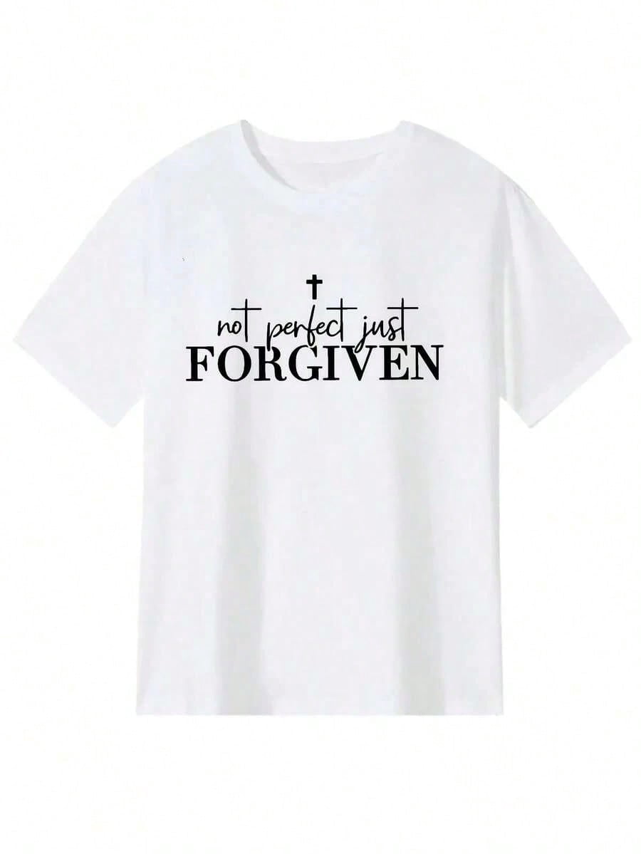 Men's Christian Faith T Shirt, Not Perfect Just Forgiven Graphic Tee, Inspirational Cross Design Shirt, Religious Short Sleeve Cotton Top, Casual Church Wear