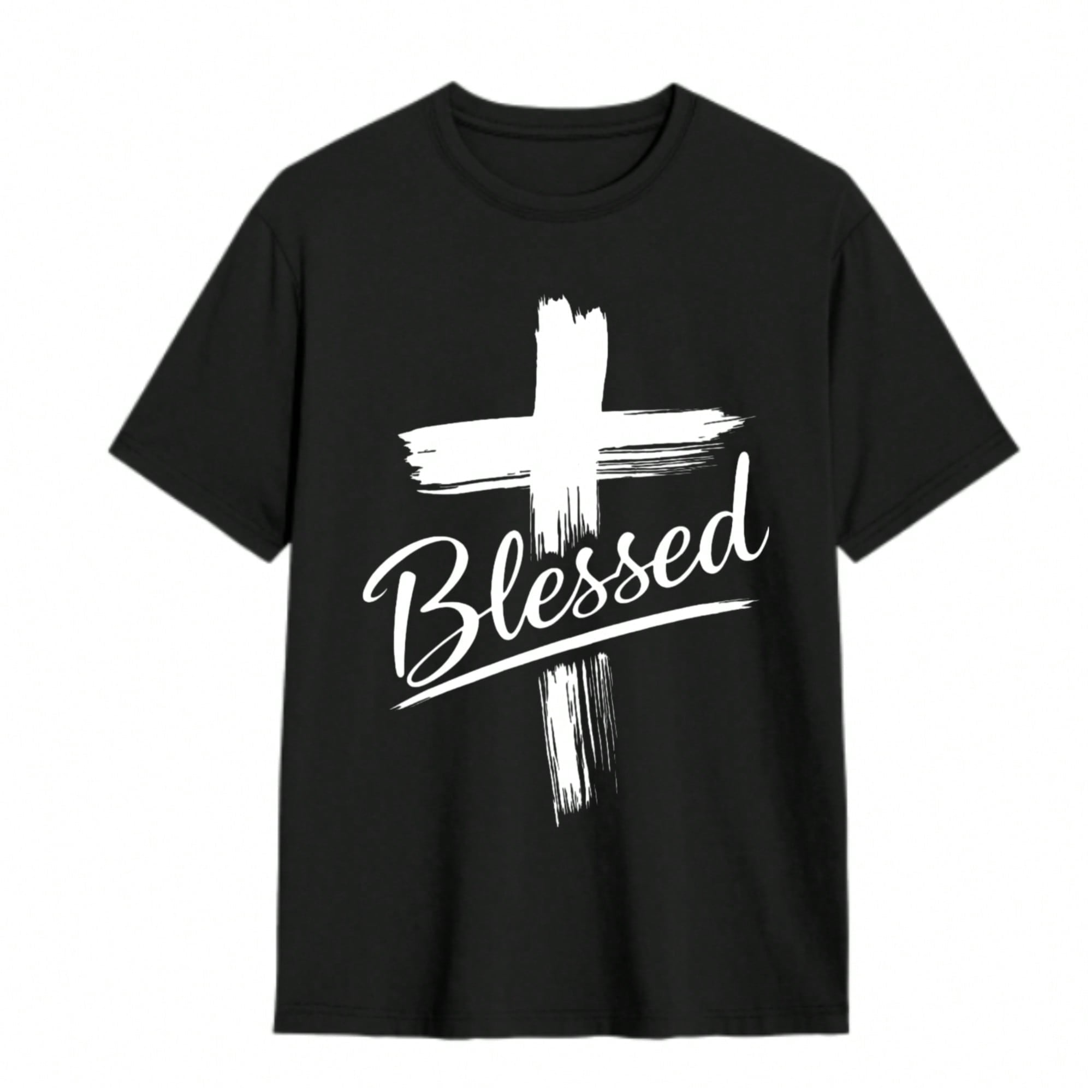 Men's Christian Faith T-Shirt With A Blessed Cross Print And Handwritten Lettering - Loose Fit, Crew Neck, Short Sleeve. Suitable For All Seasons