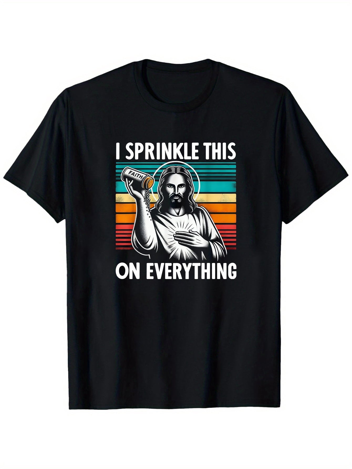 Men's Christian Graphic T-Shirt - Funny Religious Saying "I Sprinkle This On Everything" - Black Tee with Jesus, Retro Jesus Christ Design - Shirt for Church, Casual Outfits, Everyday Faith