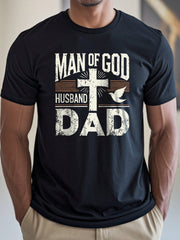 Men's Christian Graphic T-Shirt, Man of God Husband Dad Cross Dove Print Crew Neck Short Sleeve Casual Cotton Tee, Faith-Based Religious Shirt