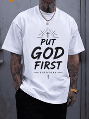 Men's Christian Graphic T-Shirt, "Put God First Everyday" Inspirational Faith Quote Print Casual Crew Neck Short Sleeve Tee, Religious Gift Shirt for Men