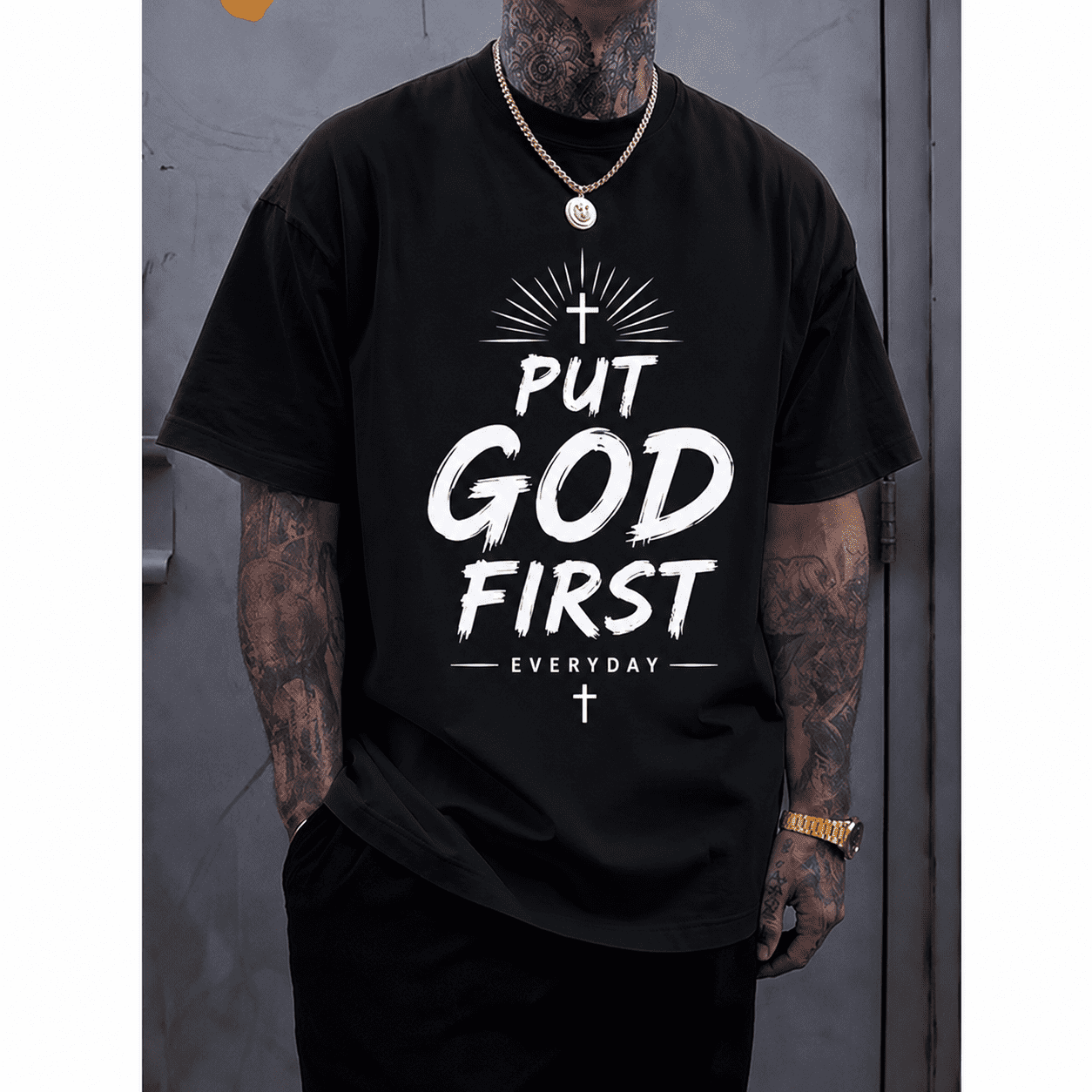 Men's Christian Graphic T-Shirt, "Put God First Everyday" Inspirational Faith Quote Print Casual Crew Neck Short Sleeve Tee, Religious Gift Shirt for Men