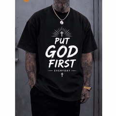 Men's Christian Graphic T-Shirt, "Put God First Everyday" Inspirational Faith Quote Print Casual Crew Neck Short Sleeve Tee, Religious Gift Shirt for Men
