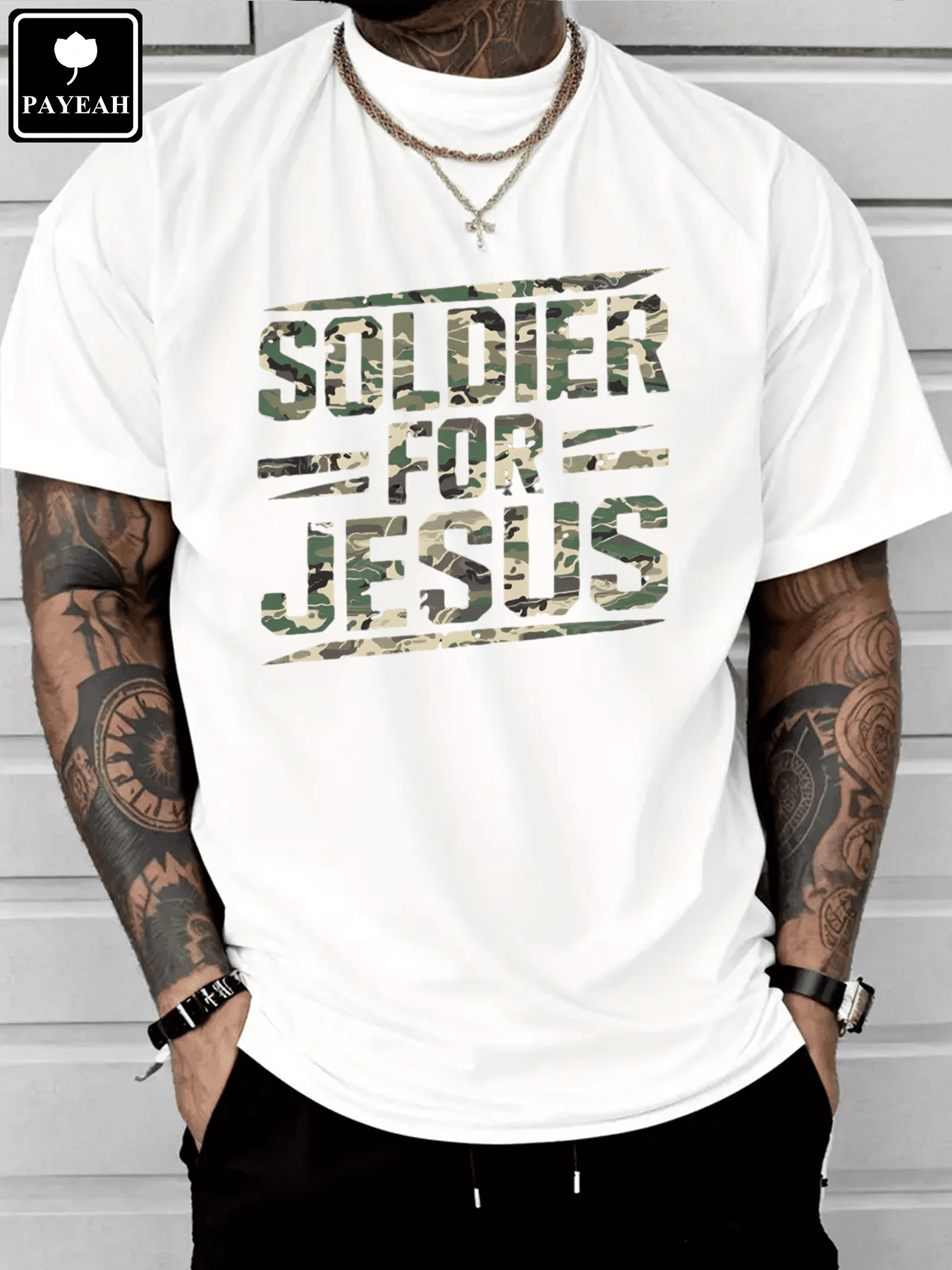 Men's Christian Graphic T-Shirt, Soldier for Jesus Faith Print, Heavy Cotton Crew Neck Short Sleeve Tee, Inspirational Religious Casual Shirt, Everyday Wear
