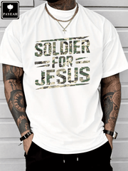 Men's Christian Graphic T-Shirt, Soldier for Jesus Faith Print, Heavy Cotton Crew Neck Short Sleeve Tee, Inspirational Religious Casual Shirt, Everyday Wear