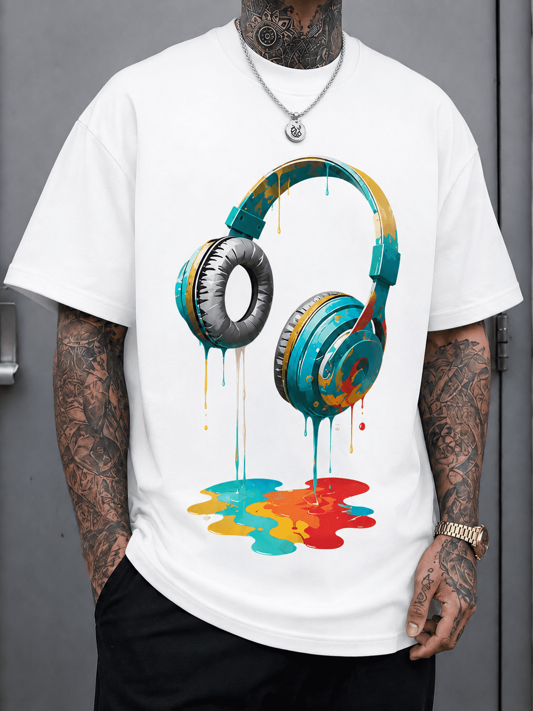 Men's Colorful Headphones Graphic T-Shirt Casual Streetwear Crew Neck Short Sleeve Cotton Tee for Everyday Wear