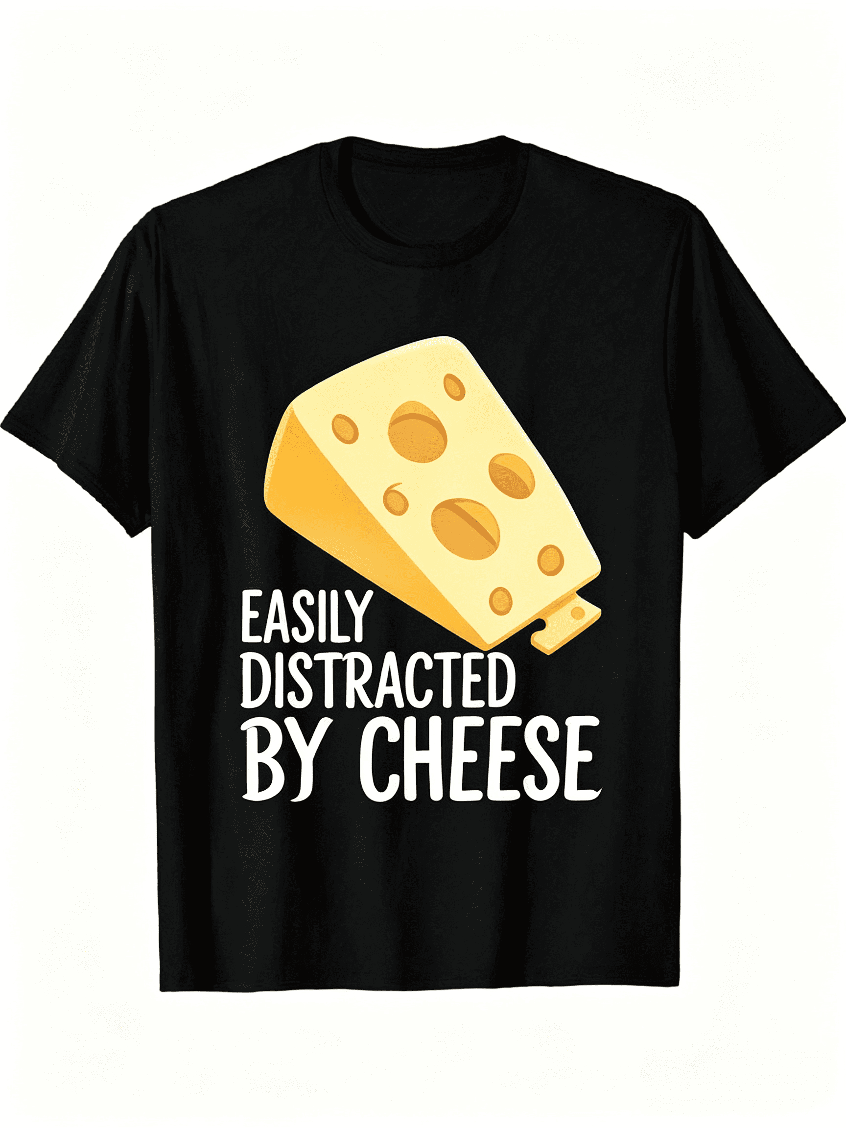 Men's "Easily Distracted by Cheese" Graphic T-Shirt / Casual Black Tee / Yellow And White Cheese Prints / Round Neck / Short Sleeves / Perfect for Casual Wear And Cheese Lovers