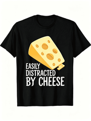 Men's "Easily Distracted by Cheese" Graphic T-Shirt / Casual Black Tee / Yellow And White Cheese Prints / Round Neck / Short Sleeves / Perfect for Casual Wear And Cheese Lovers