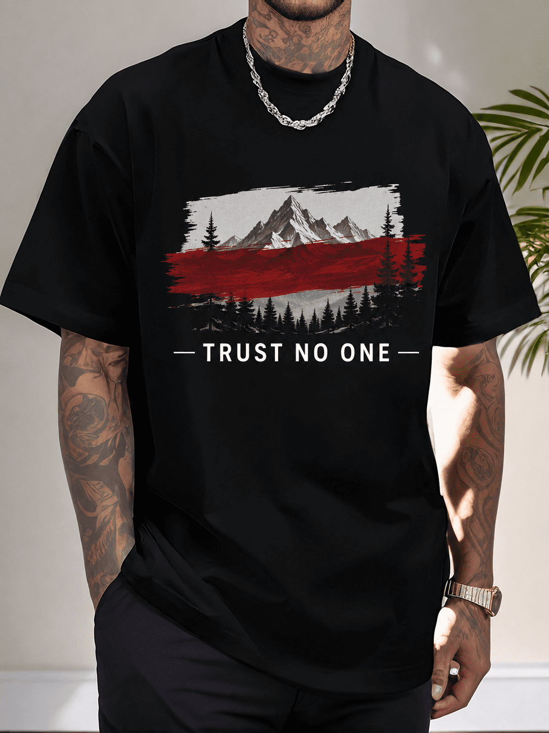 Men's Fashion Graphic T-Shirt Retro Mountain Landscape Print Soft Cotton Crew Neck Casual Streetwear Tee