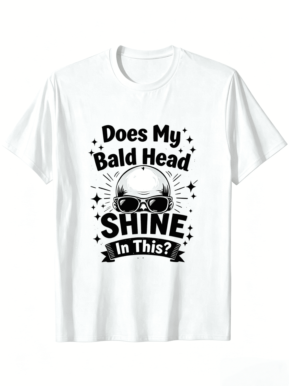 Men's Funny Bald Head Graphic T-Shirt, Does My Bald Head Shine In This Slogan Sunglasses Bald Guy Humor Short Sleeve Crew Neck Casual Tee