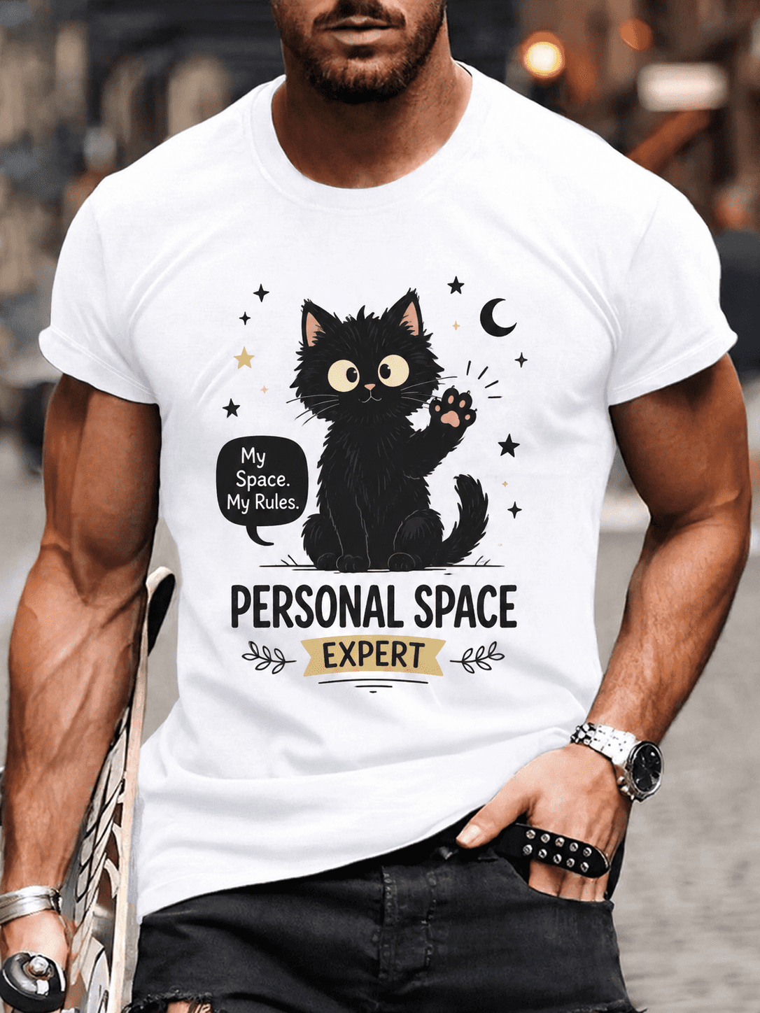 Men's Funny Black Cat Graphic T-Shirt – "Personal Space Expert" Introvert Humor Tee, Cute Cat Lover Casual Short Sleeve Crew Neck Shirt, White