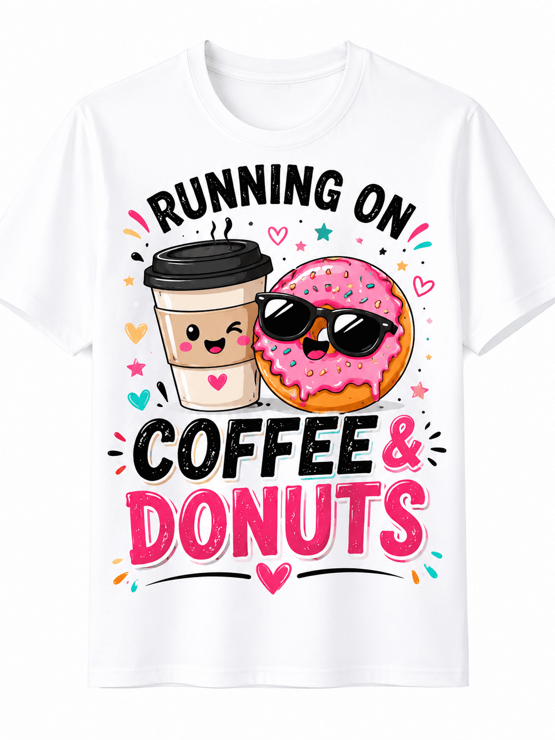 Men's Funny Coffee and Donuts Graphic T-Shirt, Cute Food Lover Cartoon Print, Casual Crew Neck Short Sleeve Tee