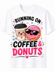 Men's Funny Coffee and Donuts Graphic T-Shirt, Cute Food Lover Cartoon Print, Casual Crew Neck Short Sleeve Tee