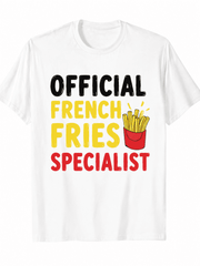 Men’s Funny Graphic T-Shirt “Official French Fries Specialist” Casual Short Sleeve Crewneck Tee, Unisex Streetwear Food Lover Humor Print Top