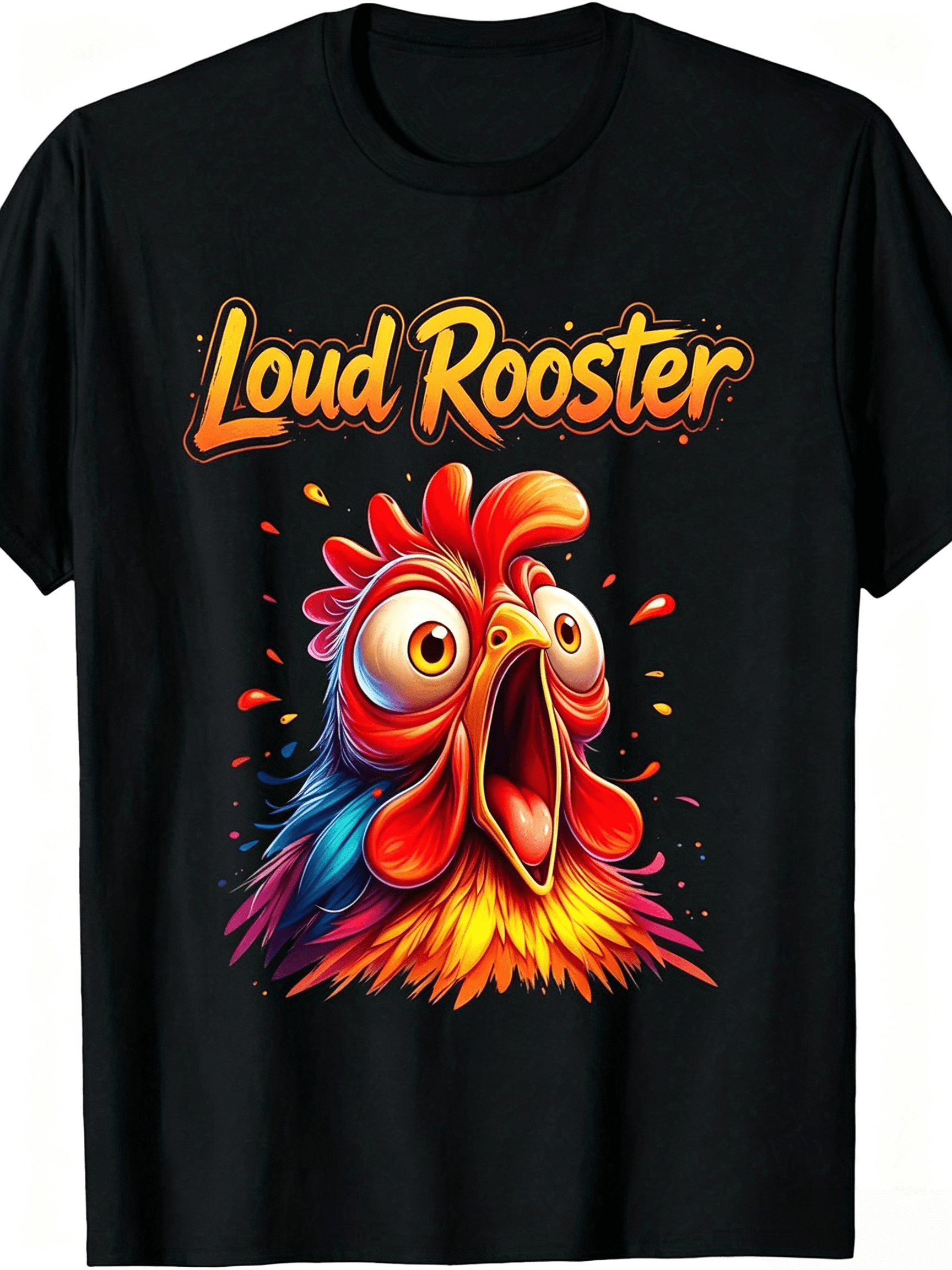 Men’s Funny Loud Rooster Graphic Tee, Colorful Cartoon Rooster Animal Art Short‑Sleeve Crew Neck Casual T‑Shirt Top