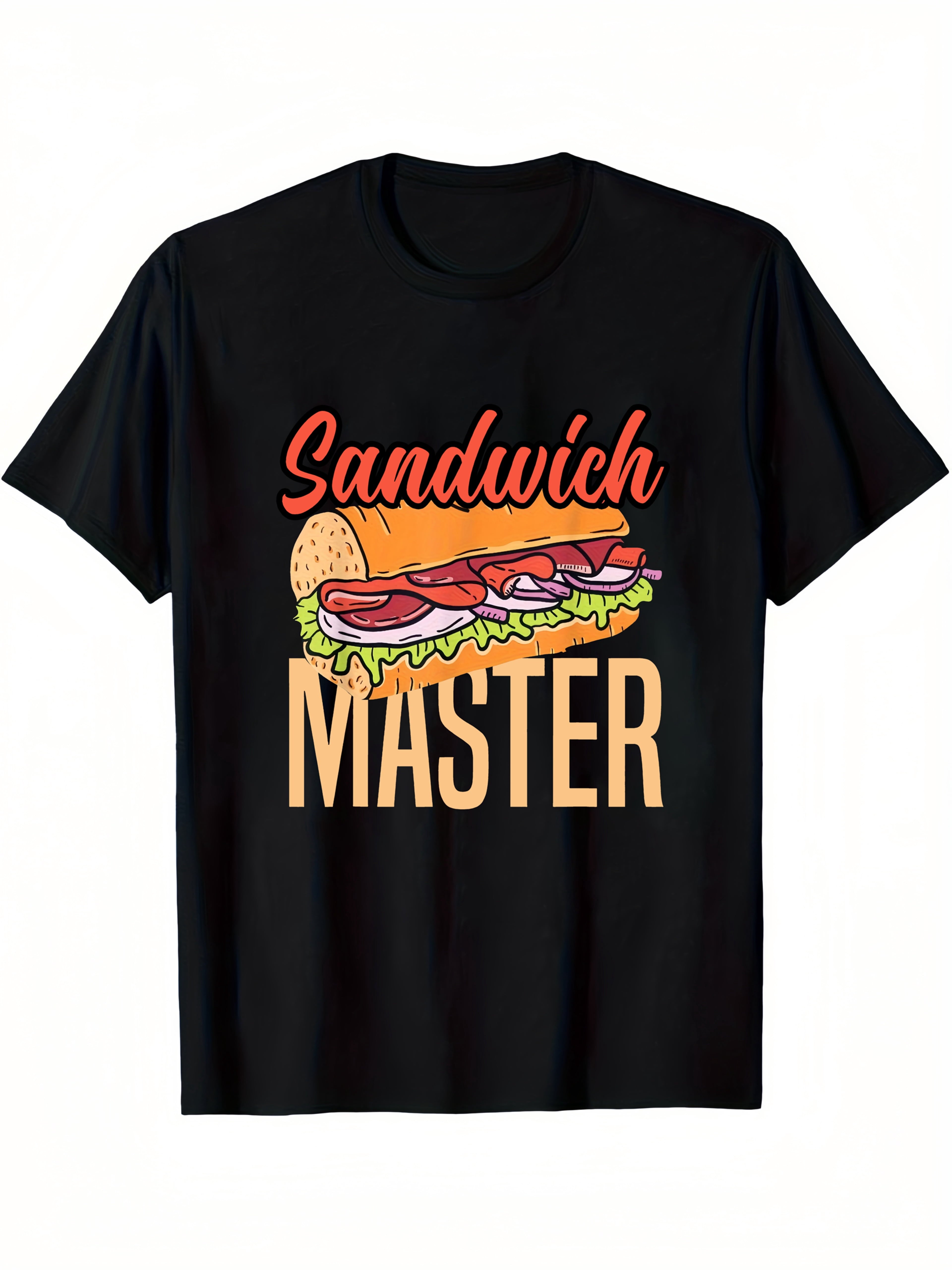 Men's Funny Sandwich Master Graphic T-Shirt - Black Casual Short Sleeve Round Neck Tee with Vibrant Geometric Sandwich Design