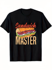 Men's Funny Sandwich Master Graphic T-Shirt - Black Casual Short Sleeve Round Neck Tee with Vibrant Geometric Sandwich Design