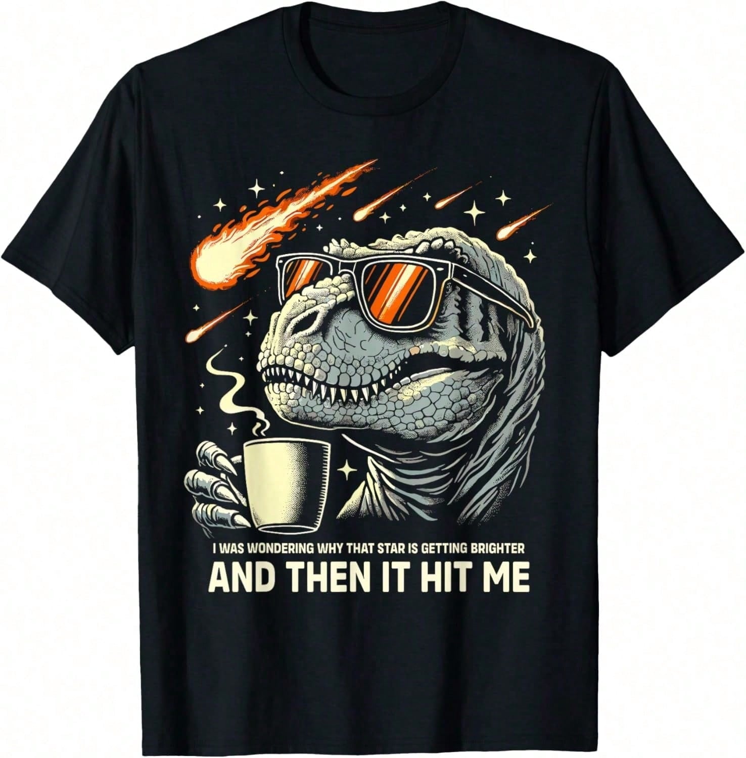 Men's Funny T-Rex Dinosaur Coffee Graphic T-Shirt, Cool Dinosaur Wearing Sunglasses with Coffee Mug Print, Soft Breathable Short Sleeve Crew Neck Casual Tee for Everyday Wear, Travel, Outdoor, Gift f