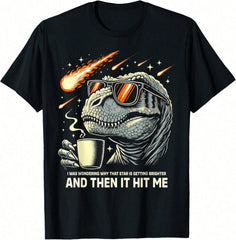 Men's Funny T-Rex Dinosaur Coffee Graphic T-Shirt, Cool Dinosaur Wearing Sunglasses with Coffee Mug Print, Soft Breathable Short Sleeve Crew Neck Casual Tee for Everyday Wear, Travel, Outdoor, Gift f