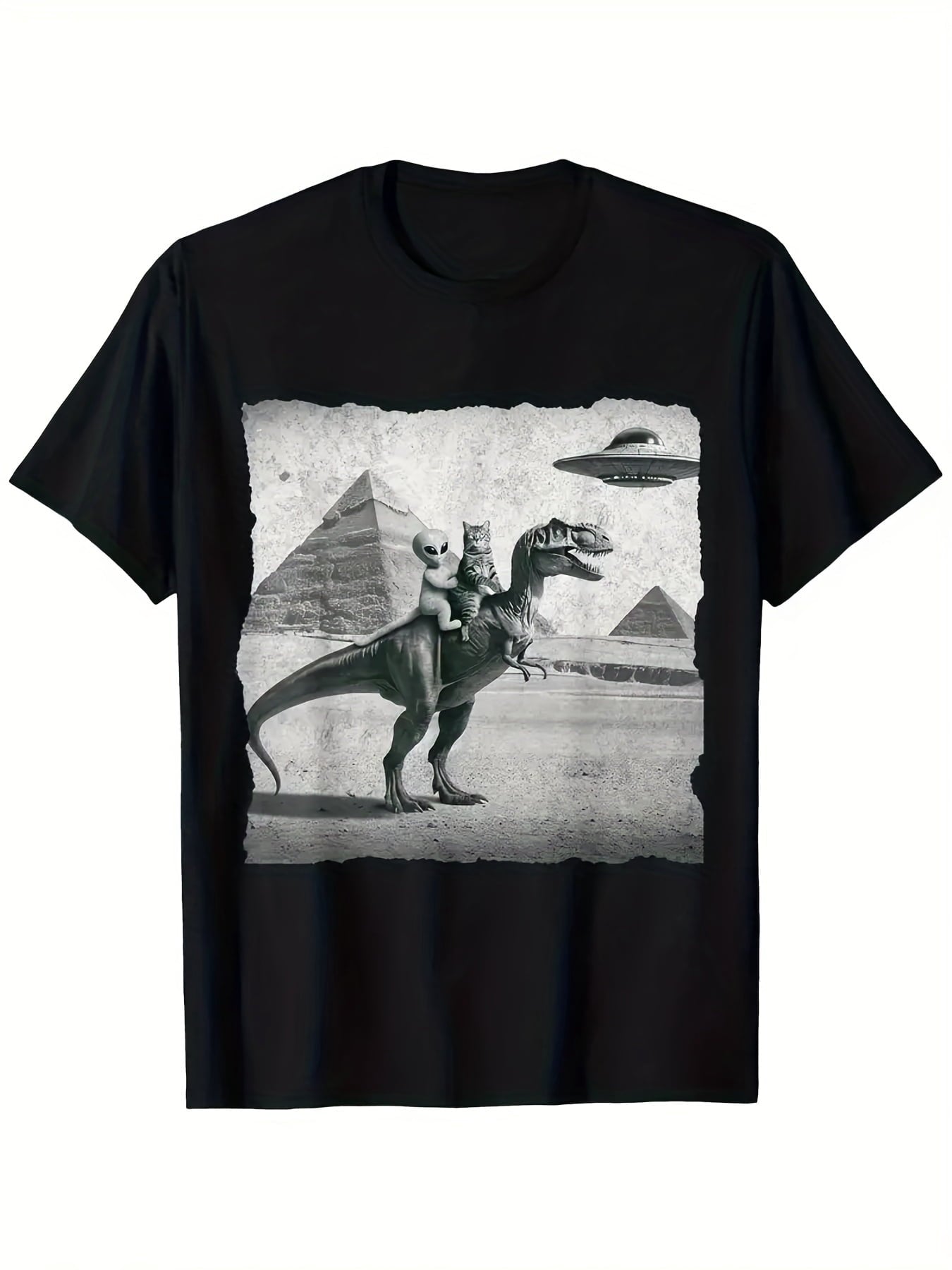 Men's Funny UFO Alien Riding T-Rex Dinosaur Egyptian Pyramid Short Sleeve TShirt - Casual Round Neck Tee Suitable