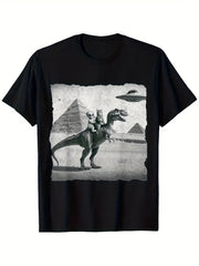 Men's Funny UFO Alien Riding T-Rex Dinosaur Egyptian Pyramid Short Sleeve TShirt - Casual Round Neck Tee Suitable