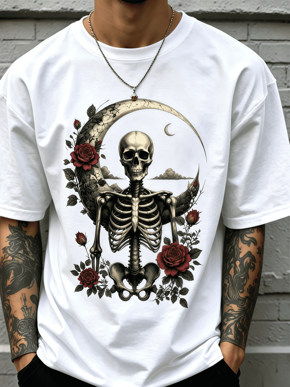 Men's Gothic Crescent Moon Skeleton Red Rose Graphic T-Shirt, Vintage Dark Floral Skull Short Sleeve Crew Neck Casual Tee