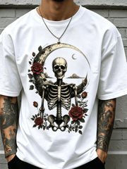 Men's Gothic Crescent Moon Skeleton Red Rose Graphic T-Shirt, Vintage Dark Floral Skull Short Sleeve Crew Neck Casual Tee
