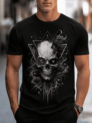 Men's Graphic Skull T-Shirt, Geometric Gothic Cyber Skull Print, Casual Short Sleeve Crew Neck Tee, Streetwear Fashion Summer Top