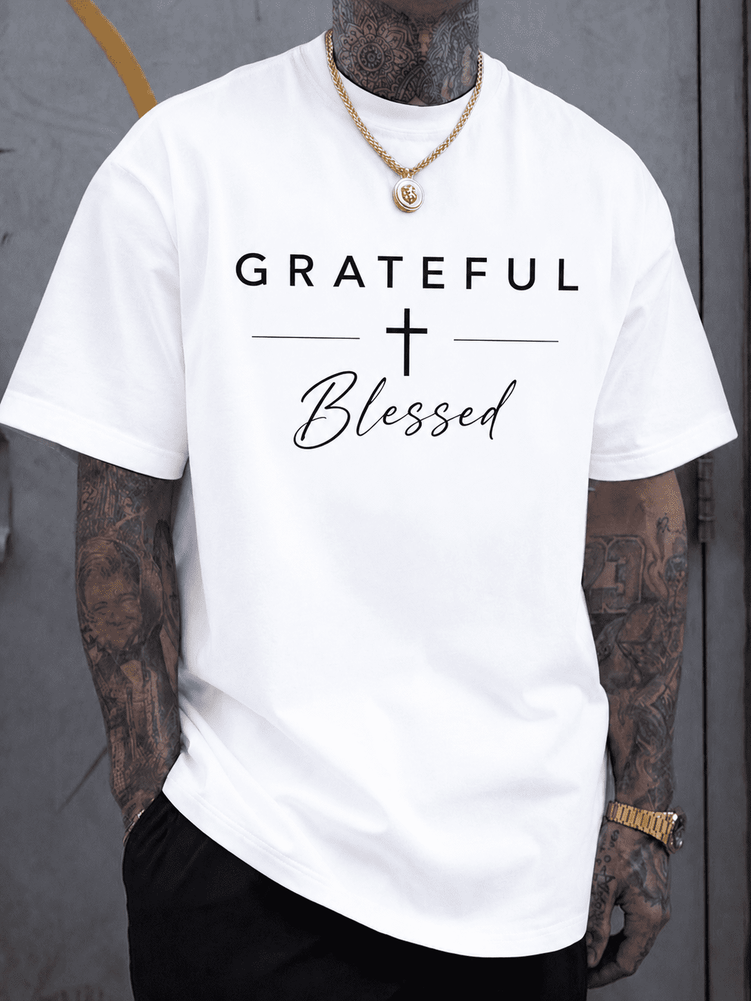 Men's Grateful Blessed Graphic T Shirt, Faith Cross Print Short Sleeve Cotton Casual Tee, Inspirational Christian Style Shirt