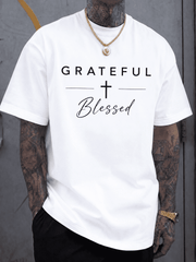 Men's Grateful Blessed Graphic T Shirt, Faith Cross Print Short Sleeve Cotton Casual Tee, Inspirational Christian Style Shirt