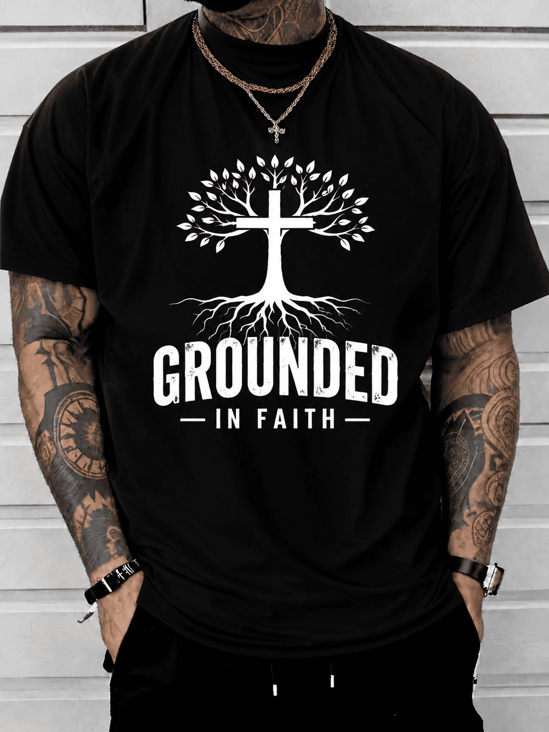 Men's Grounded In Faith Christian Graphic T-Shirt, Inspirational Religious Tree and Cross Casual Short Sleeve Tee, Faith-Based Apparel