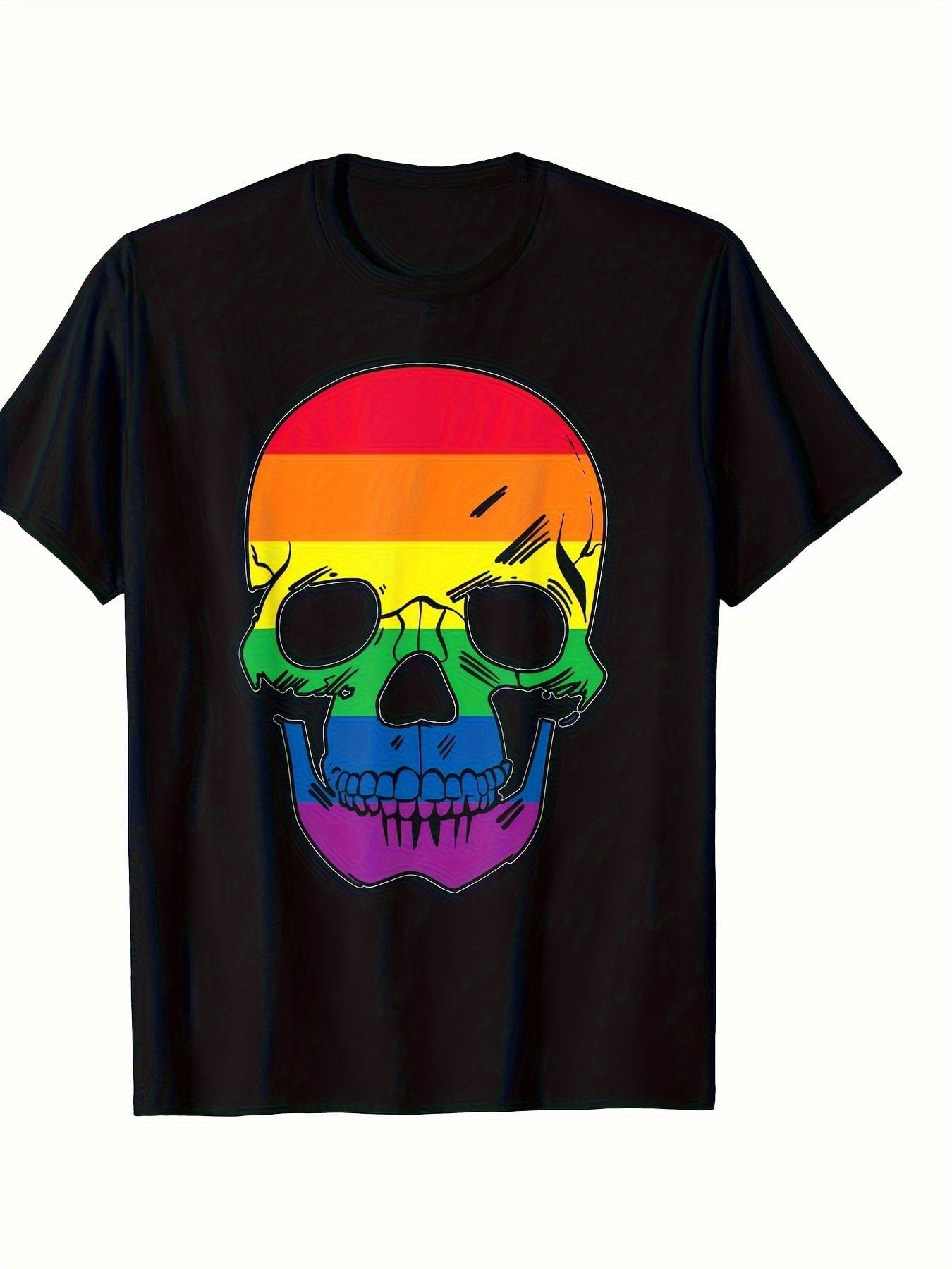 Men's Halloween Rainbow Skull Pattern T-Shirt- Black Casual Short Sleeve Top, Regular Fit, All-Season, Festival Event Clothing