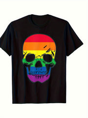 Men's Halloween Rainbow Skull Pattern T-Shirt- Black Casual Short Sleeve Top, Regular Fit, All-Season, Festival Event Clothing