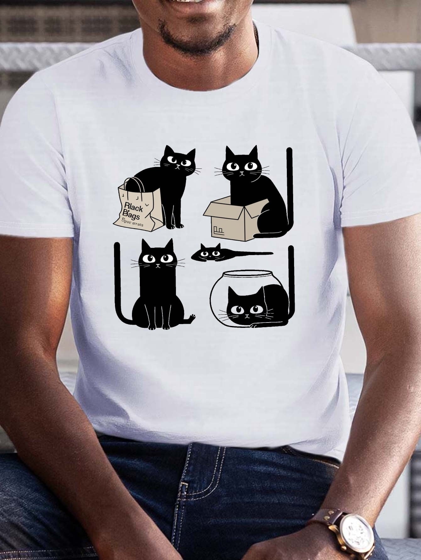 Men's Humorous Black Cat Graphic Tee - Crew Neck, Trendy Casual Wear for Adult, Summer Fashion Essential